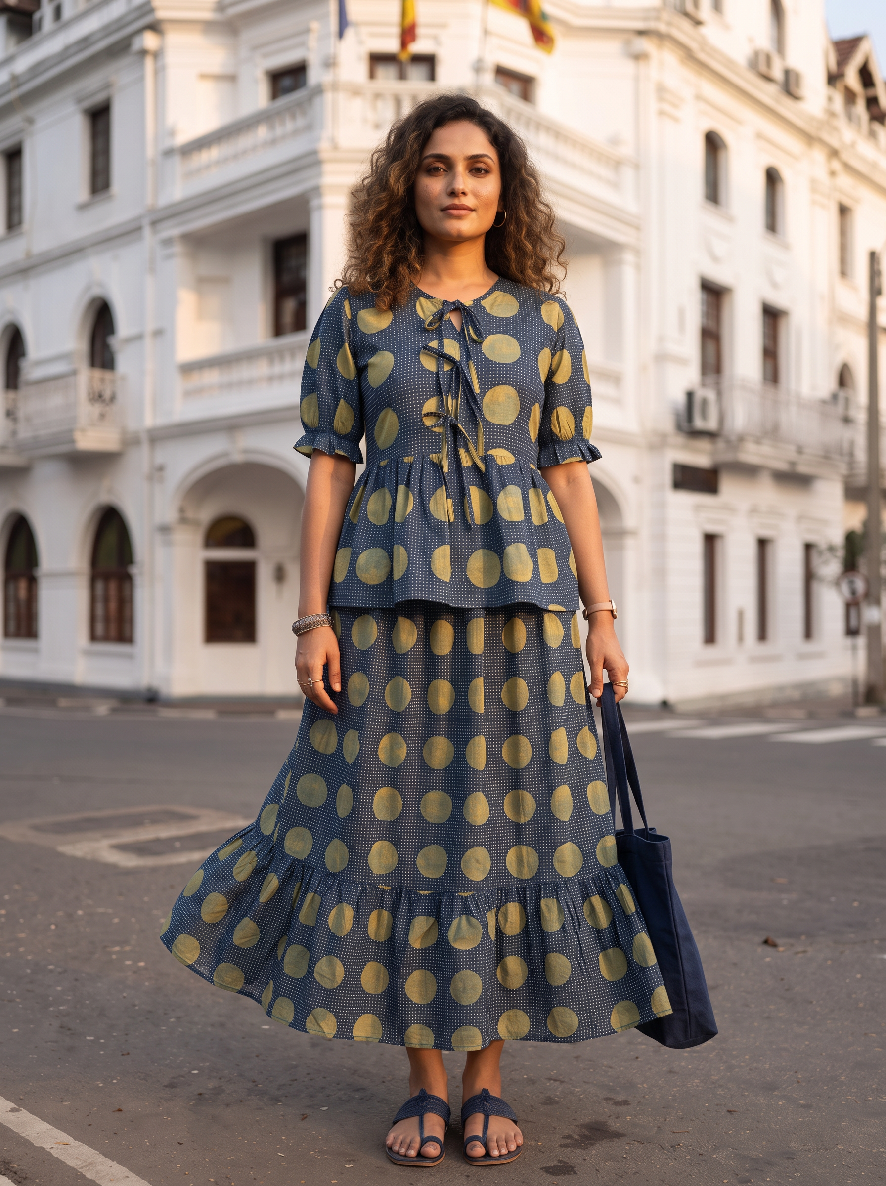 Nayra ( Navy Blue ) - Polka printed handloom cotton skirt set in Navy Blue
