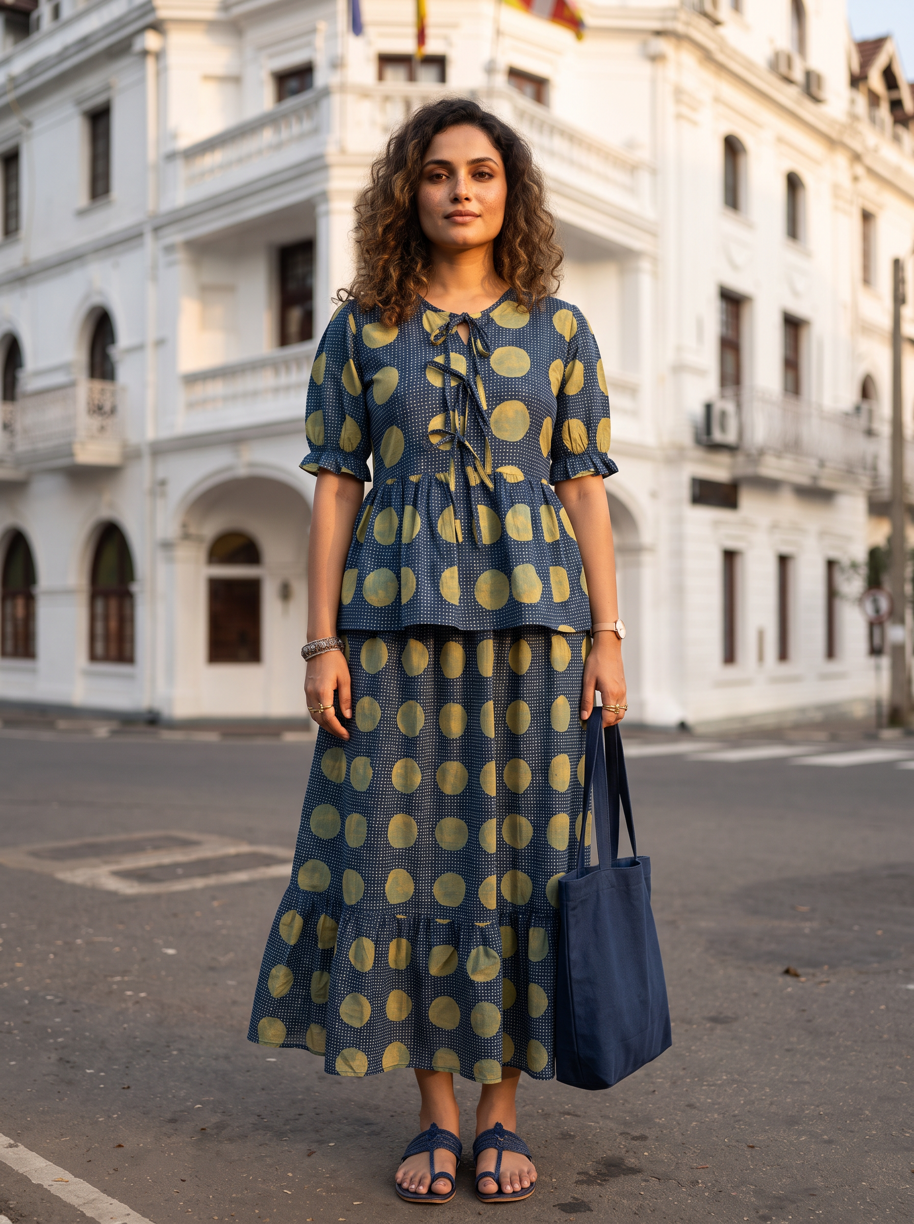 Nayra ( Navy Blue ) - Polka printed handloom cotton skirt set in Navy Blue