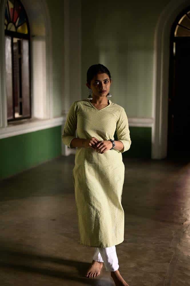 Mishti - handloom cotton with hand woven buttas kurta set in mint green