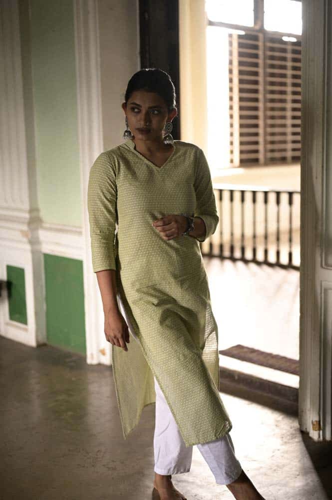Mishti - handloom cotton with hand woven buttas kurta set in mint green