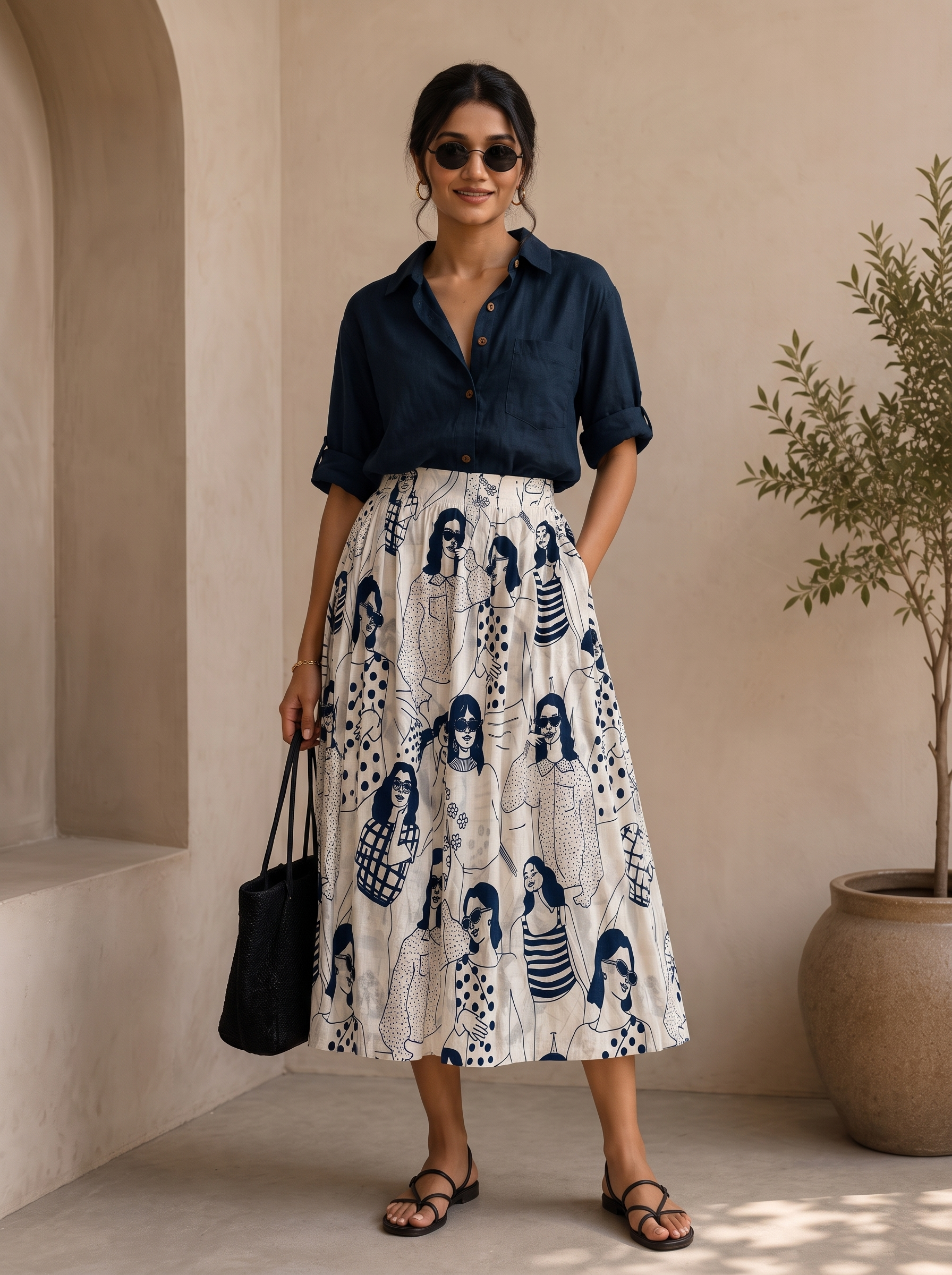 Parisian Muse Sketch Skirt Set – Pure Organic Cotton Skirt with Solid Navy Blue Shirt