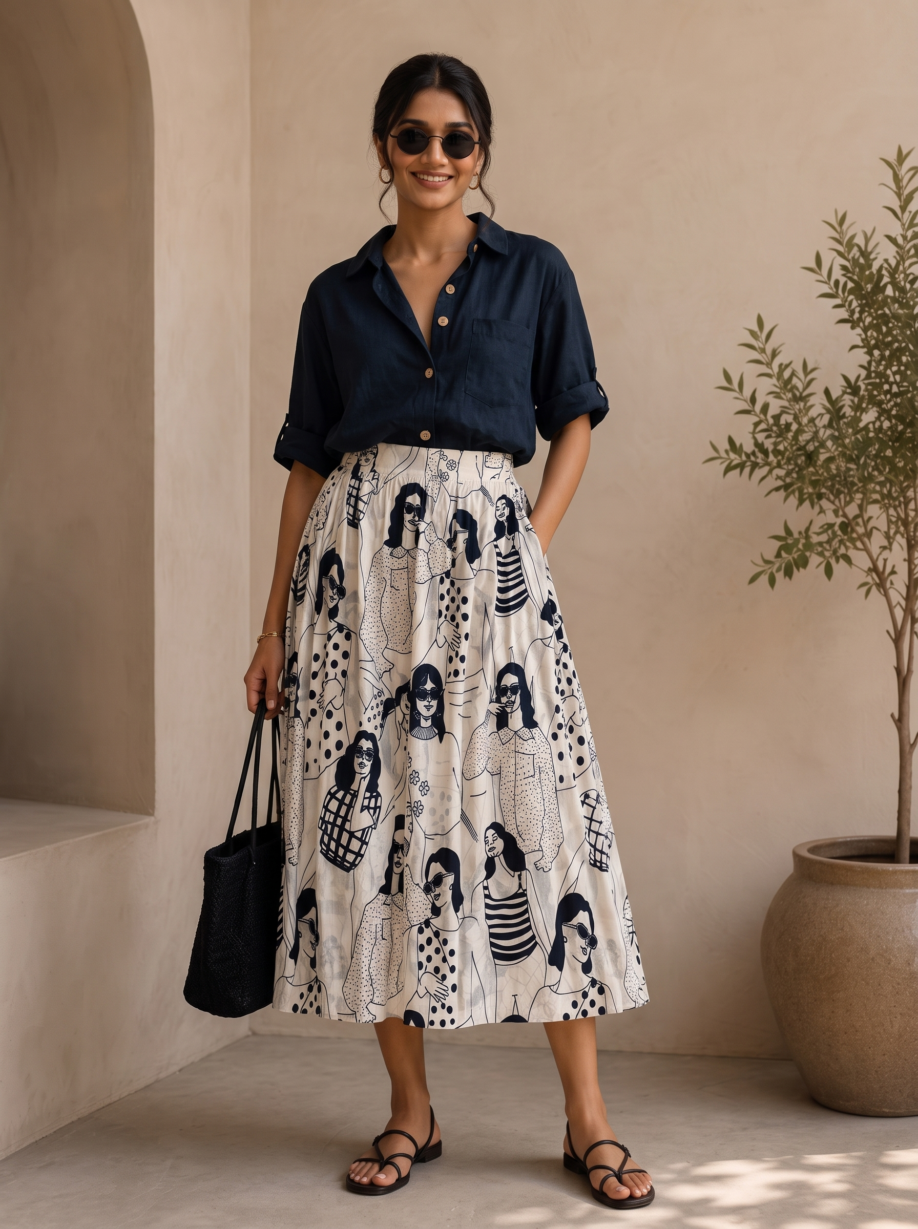 Parisian Muse Sketch Skirt Set – Pure Organic Cotton Skirt with Solid Navy Blue Shirt