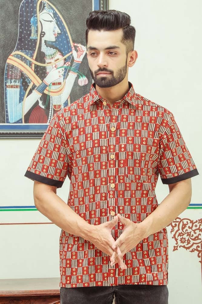rusty red cotton shirt - handblock printed organic cotton shirt in red