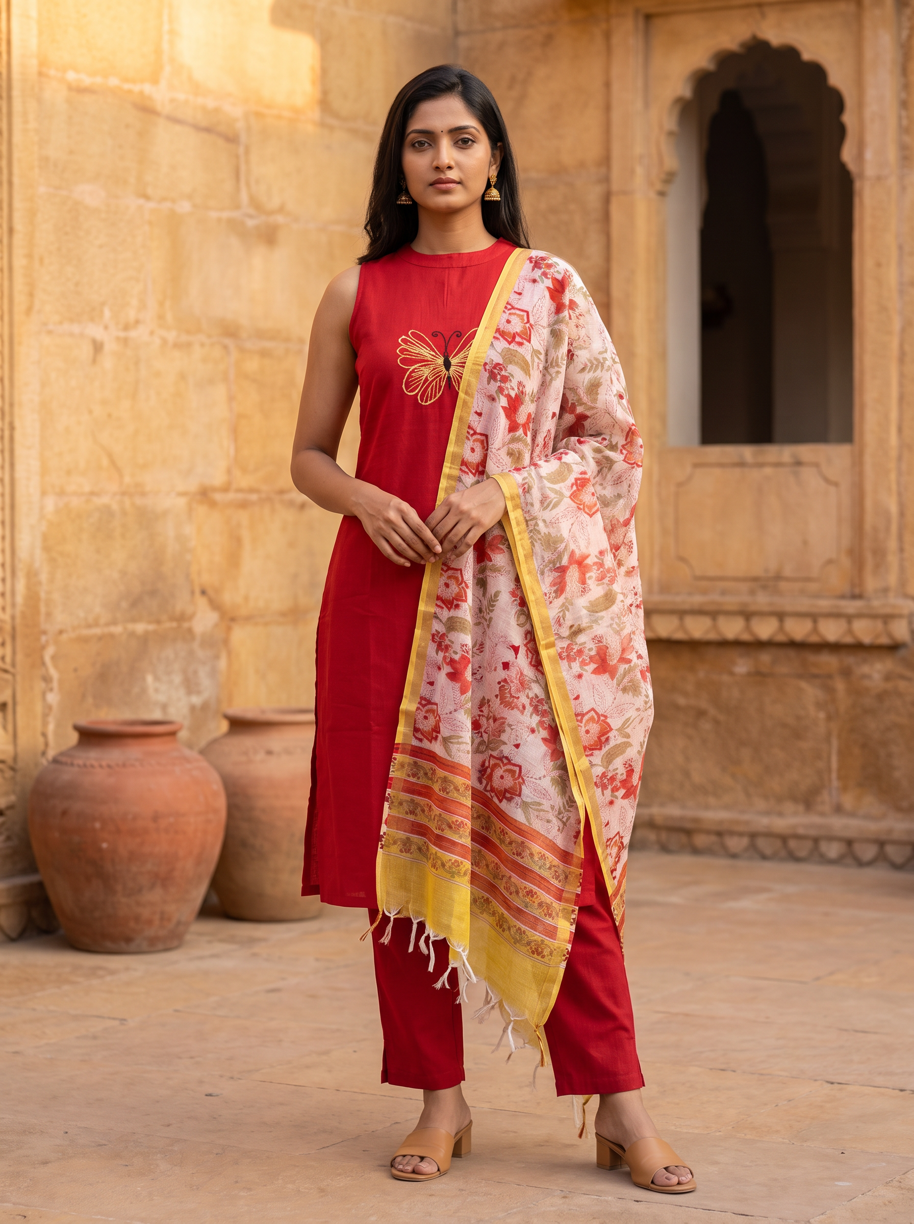 Shamshya (Red) - Linen Cotton Flex Kurta Set with Botanical Chanderi Dupatta in Crimson Red