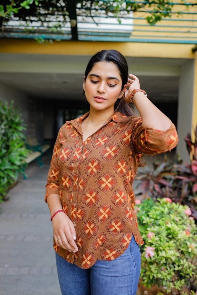 shirt top - 3 - Ajrakh printed organic cotton shirt tops in coffee brown