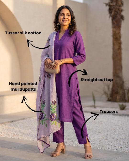 Kaira (Purple) - tussar linen blend A line kurta set with pure mul cotton handpainted floral dupatta