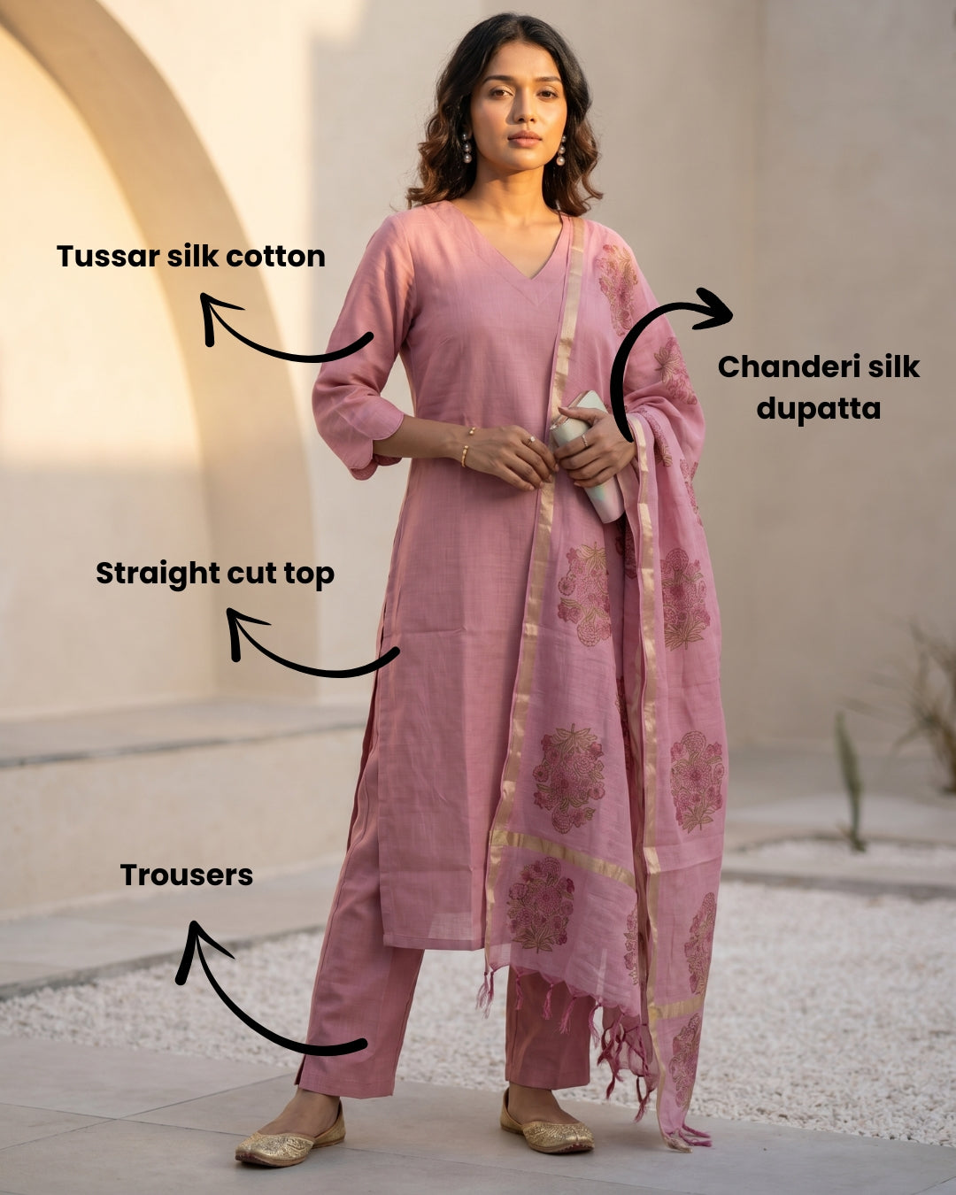 Shika (Pink) - tussar silk cotton straight cut kurta set with chanderi silk dupatta