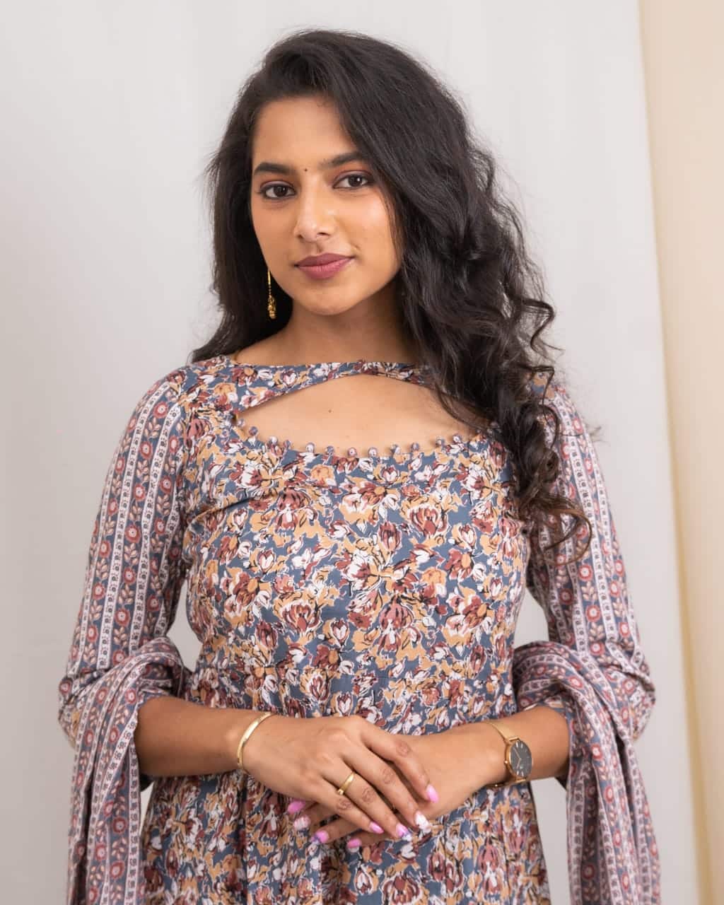 Himanshi (cement grey)- jaal printed cotton anarkali suit set in cement grey