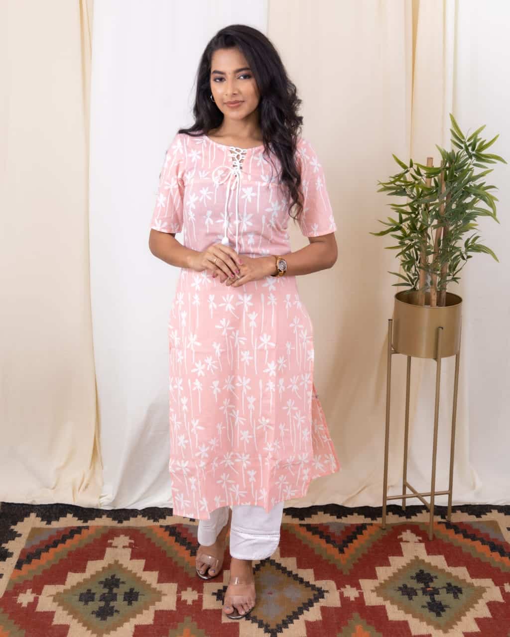 Anmol (Pink) - hand painted floral organic cotton kurta set in baby pink