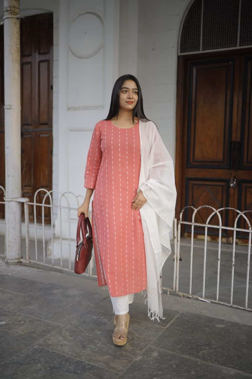 Mridhini (Peach) - handloom cotton suit set with kota zari dupatta in Peach and White