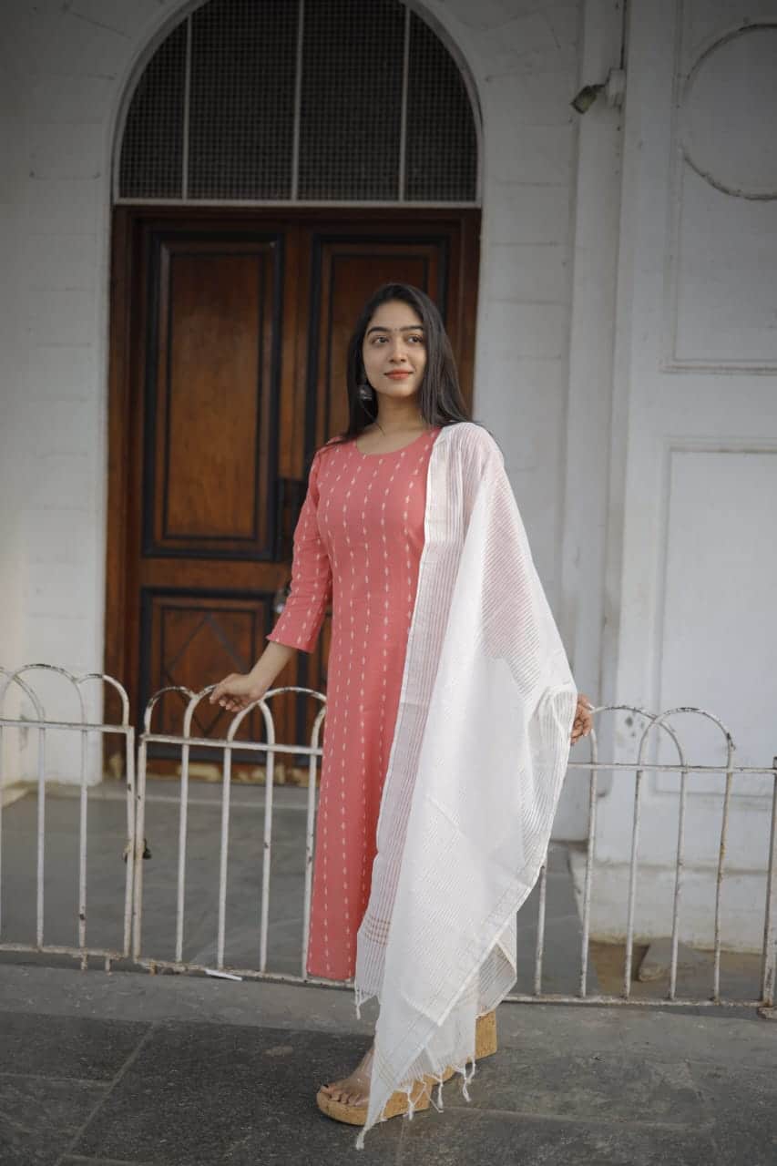 Mridhini (Peach) - handloom cotton suit set with kota zari dupatta in Peach and White