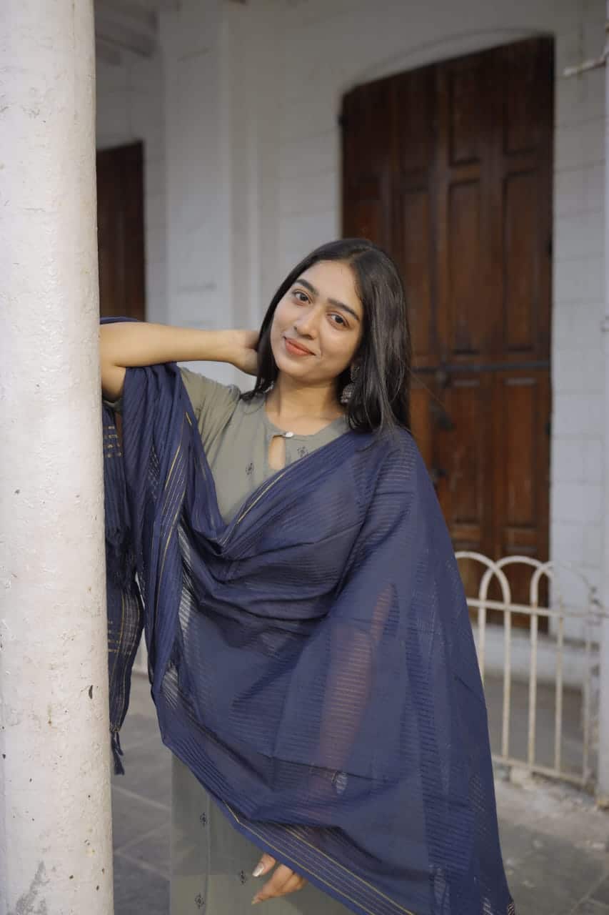 Meghna (Grey) - handloom cotton suit set in Grey and blue with kota dupatta