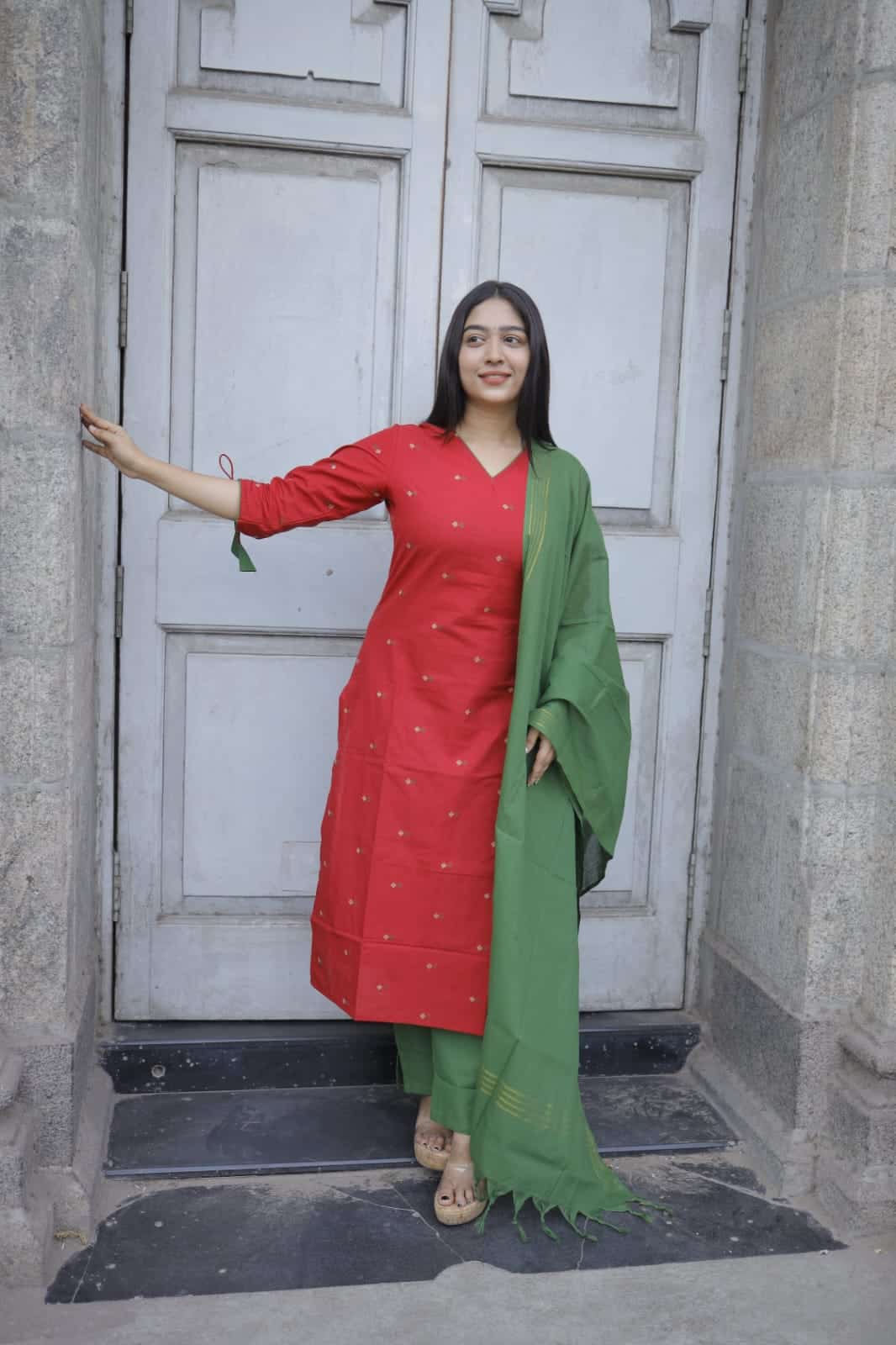 Mishika (Red) - Handloom cotton suit set in Red and Green
