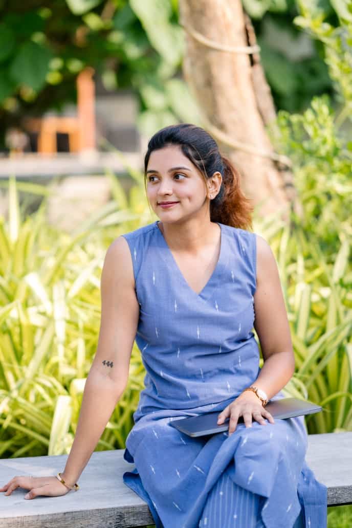 Janhavi (denim blue)- handloom cotton with hand woven buttas cotton kurta set with flared palazzo pants in denim blue