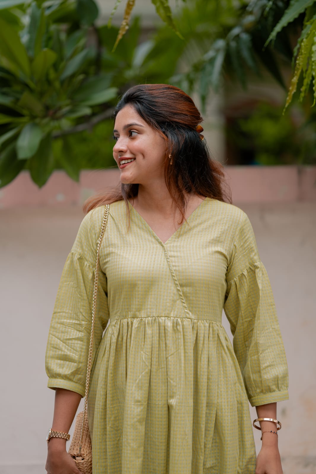 Dress 4 - checkered handloom cotton dress in lime green