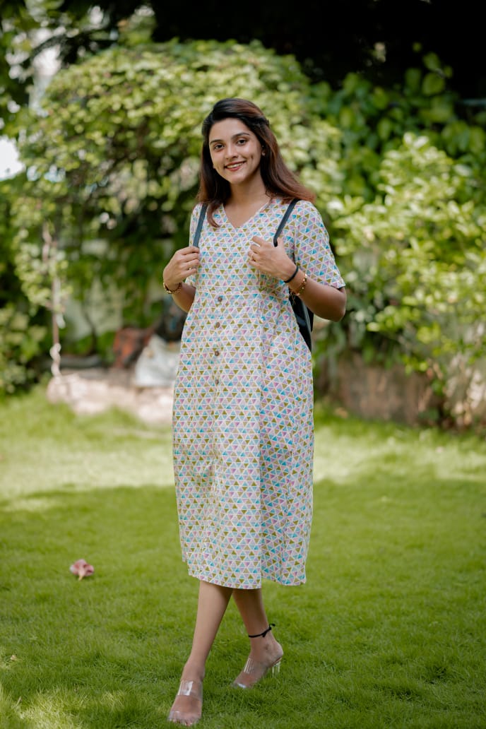 Dress 6 - Hexagons printed organic cotton dress in multicolour