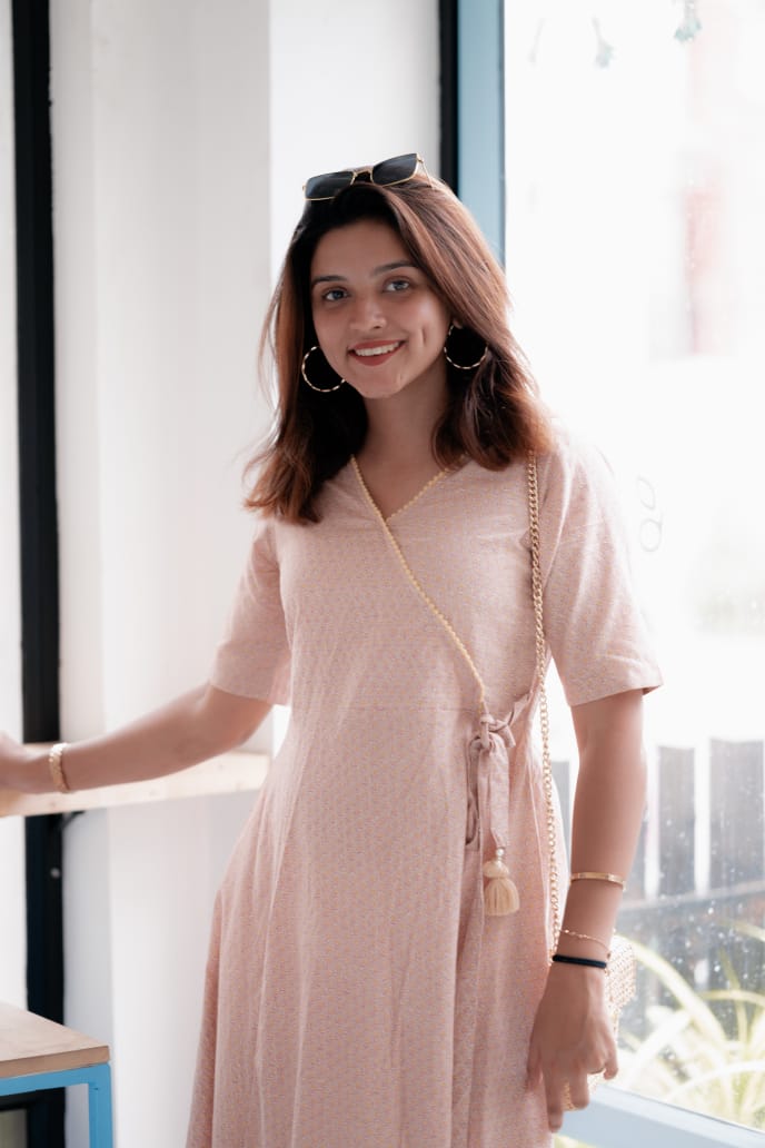 Dress 8 - Floral angrakha pattern organic cotton dress in baby pink and yellow