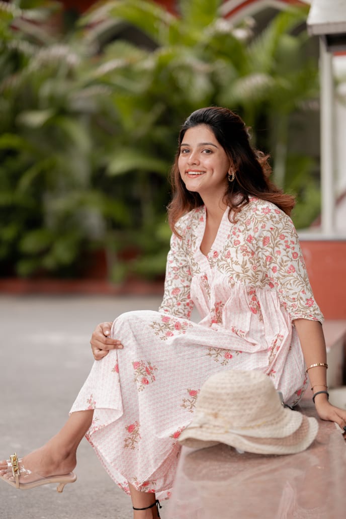 Dress 9 - Alia cut organic cotton dress in white and pink