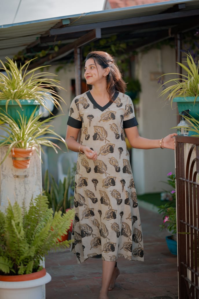 Dress 11 - Floral handblock printed A line cotton dress in cement grey and black