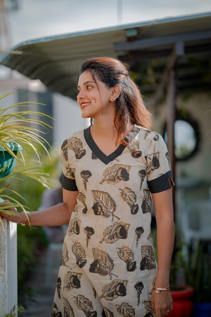 Dress 11 - Floral handblock printed A line cotton dress in cement grey and black