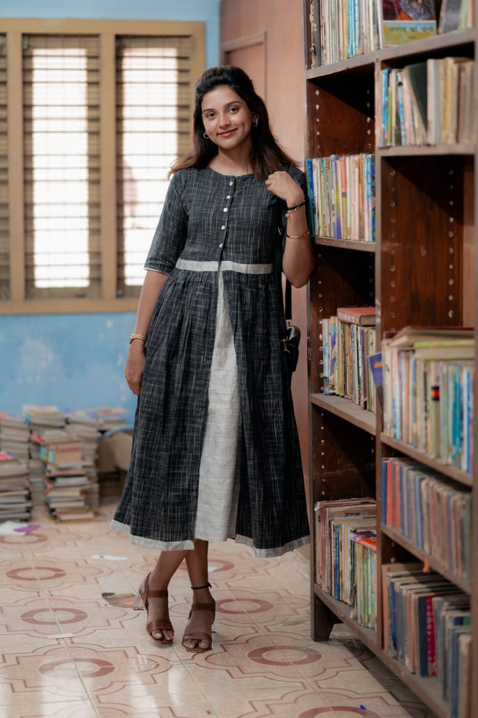 Dress 14 - chanderi cotton 2 layered jacket dress in black and grey