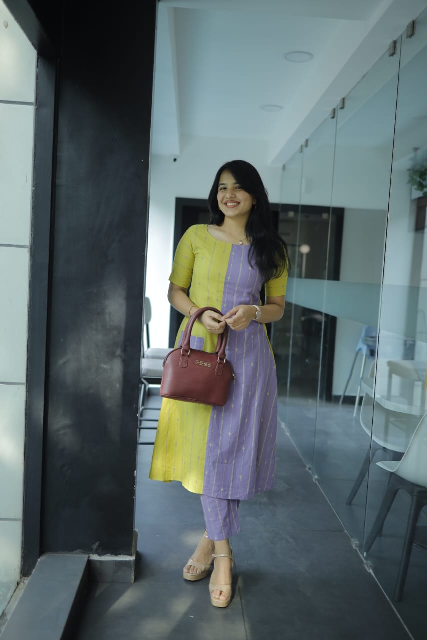 Vamakshi coord set - Handwoven lines and buttas in handloom cotton kurta set in yellow and purple