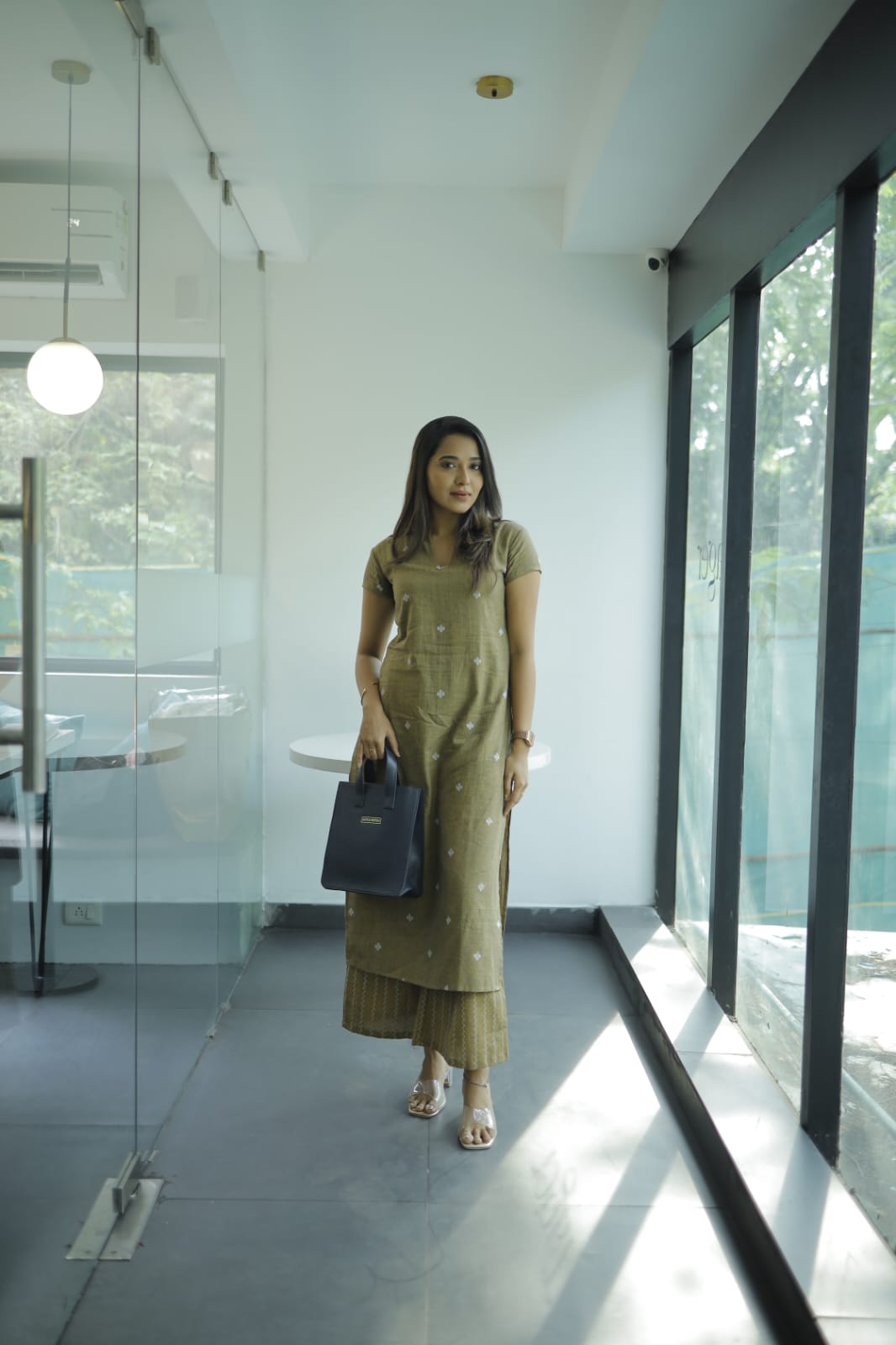 Pavani coord set - Handwoven buttas and chevron lines cotton kurta set in olive green