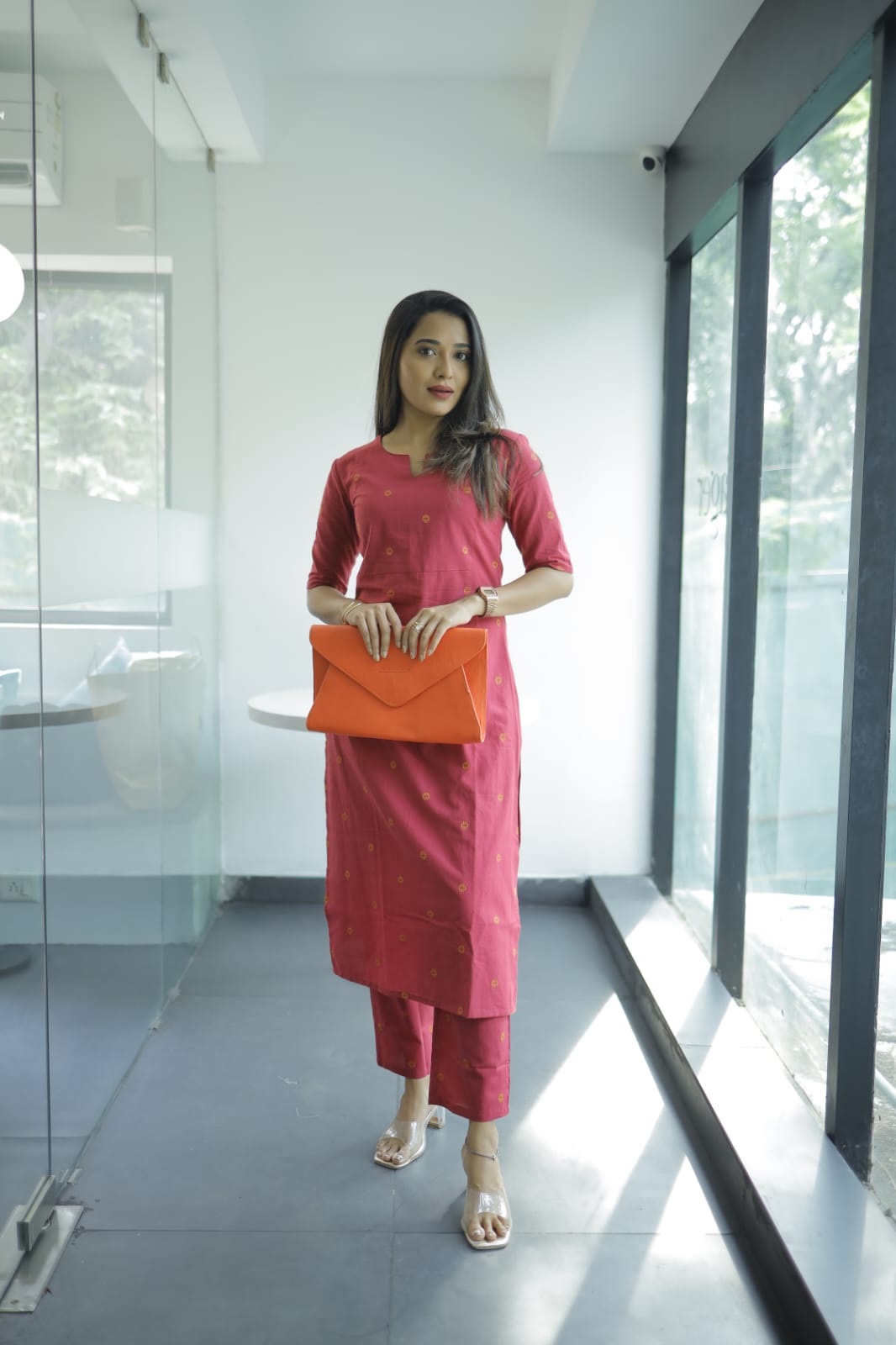 Garima coord set - Handwoven circular butta cotton kurta set in hot pink and orange