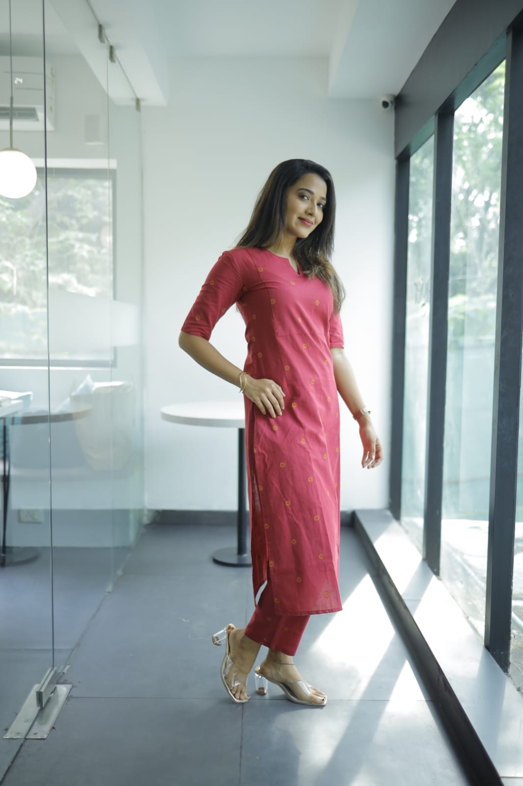 Garima coord set - Handwoven circular butta cotton kurta set in hot pink and orange