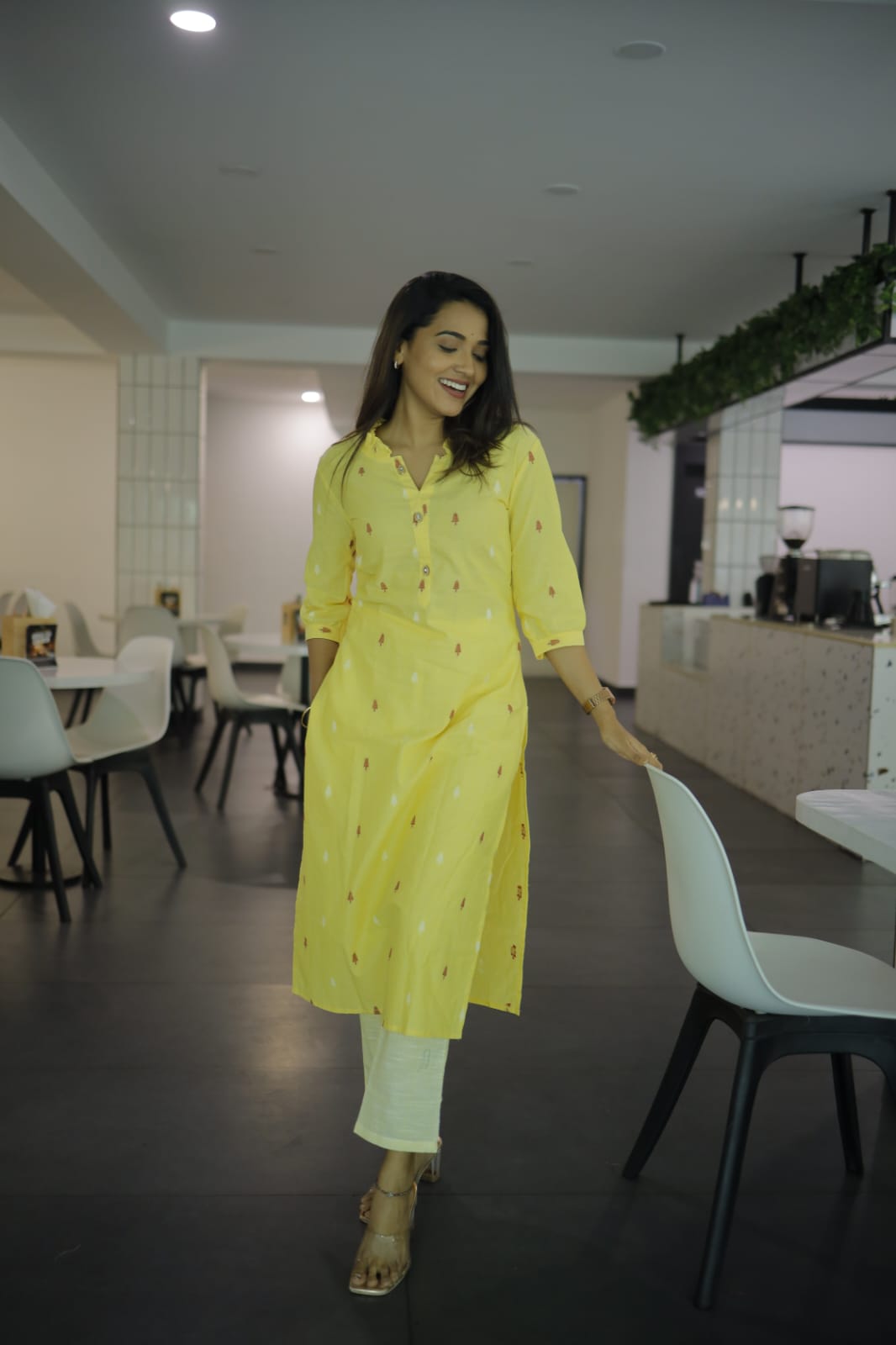 Mugdha coord set - Handwoven popsicles with smart ruffled neck cotton kurta set in lime yellow