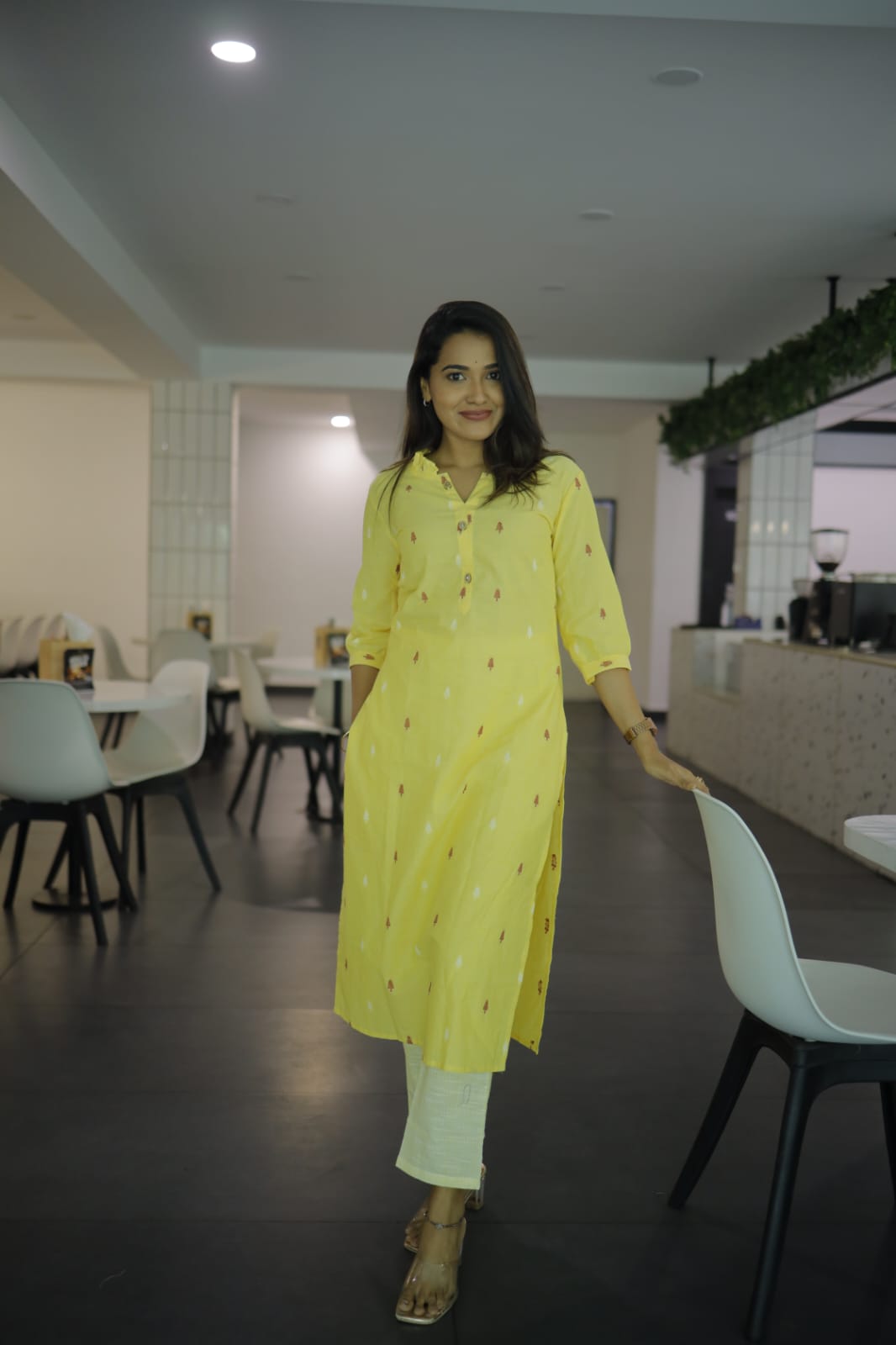 Mugdha coord set - Handwoven popsicles with smart ruffled neck cotton kurta set in lime yellow