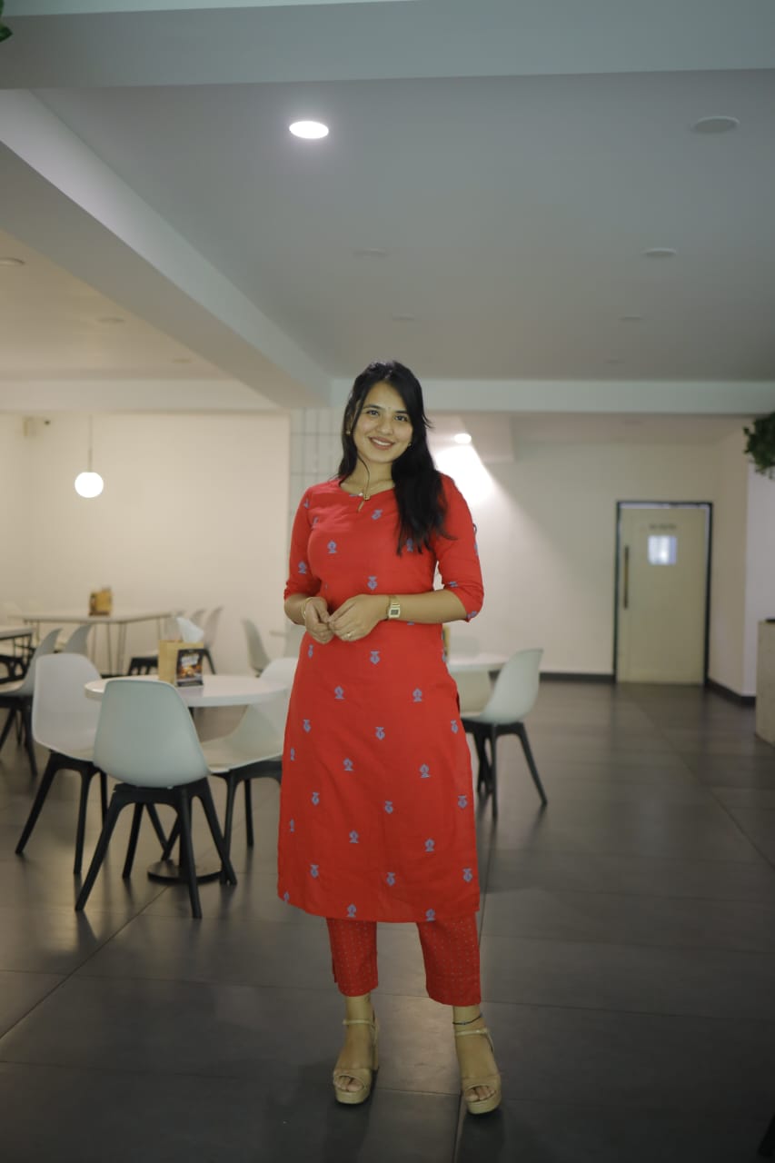 Meena coord set - Handwoven fish printed with smart keyhole neck cotton kurta set in red and blue