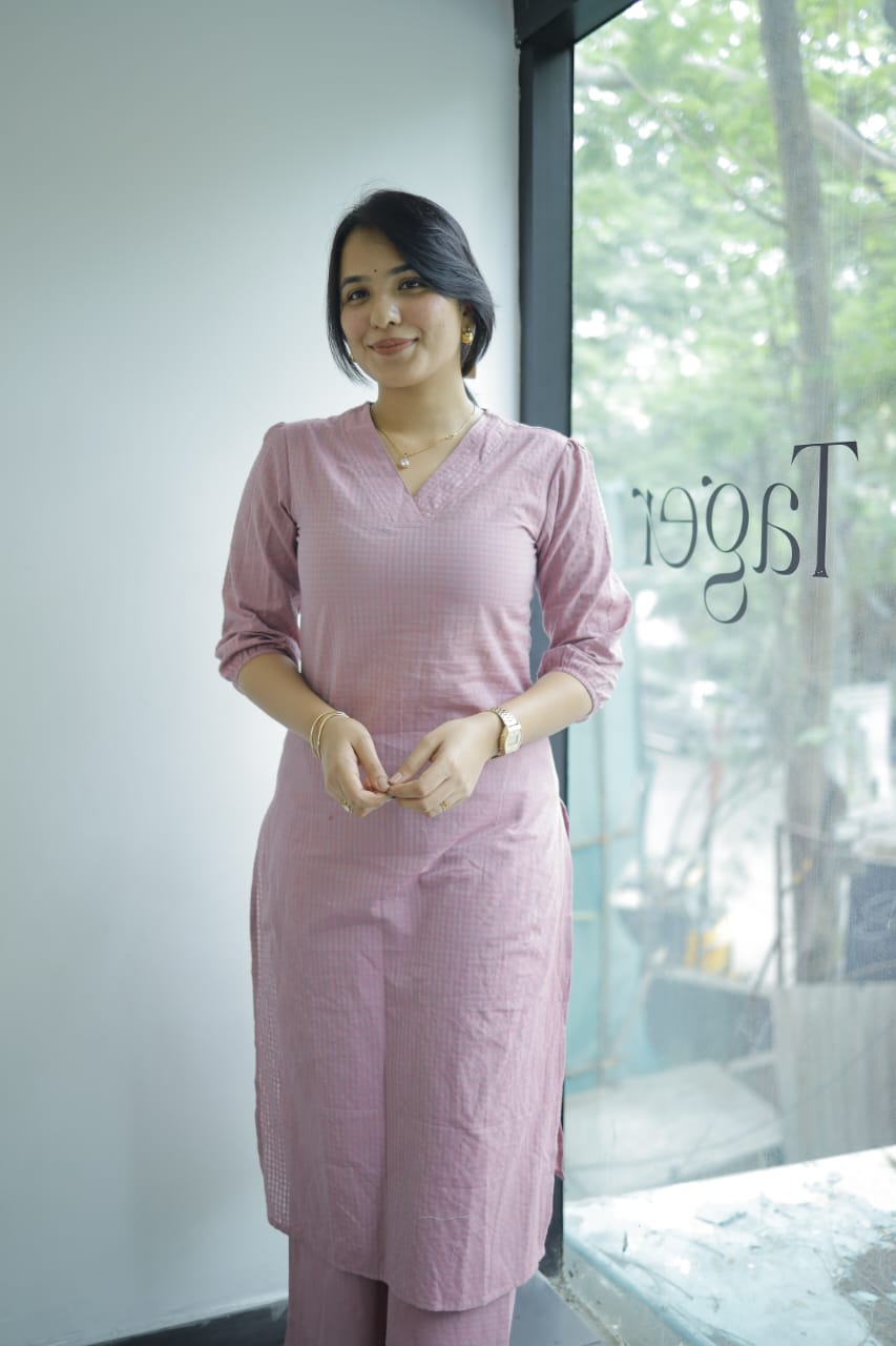 Eshana coord set - Handwoven checks handloom cotton kurta set in purple and grey