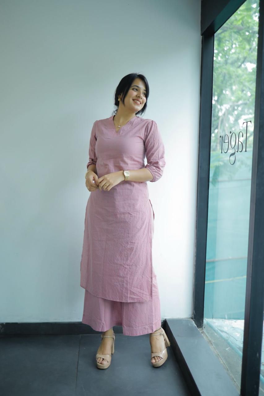 Eshana coord set - Handwoven checks handloom cotton kurta set in purple and grey