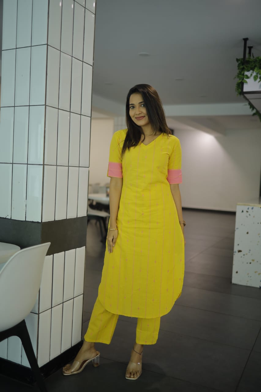 Unnati coord set - Handwoven lines and buttas handloom cotton kurta set in Yellow and pink