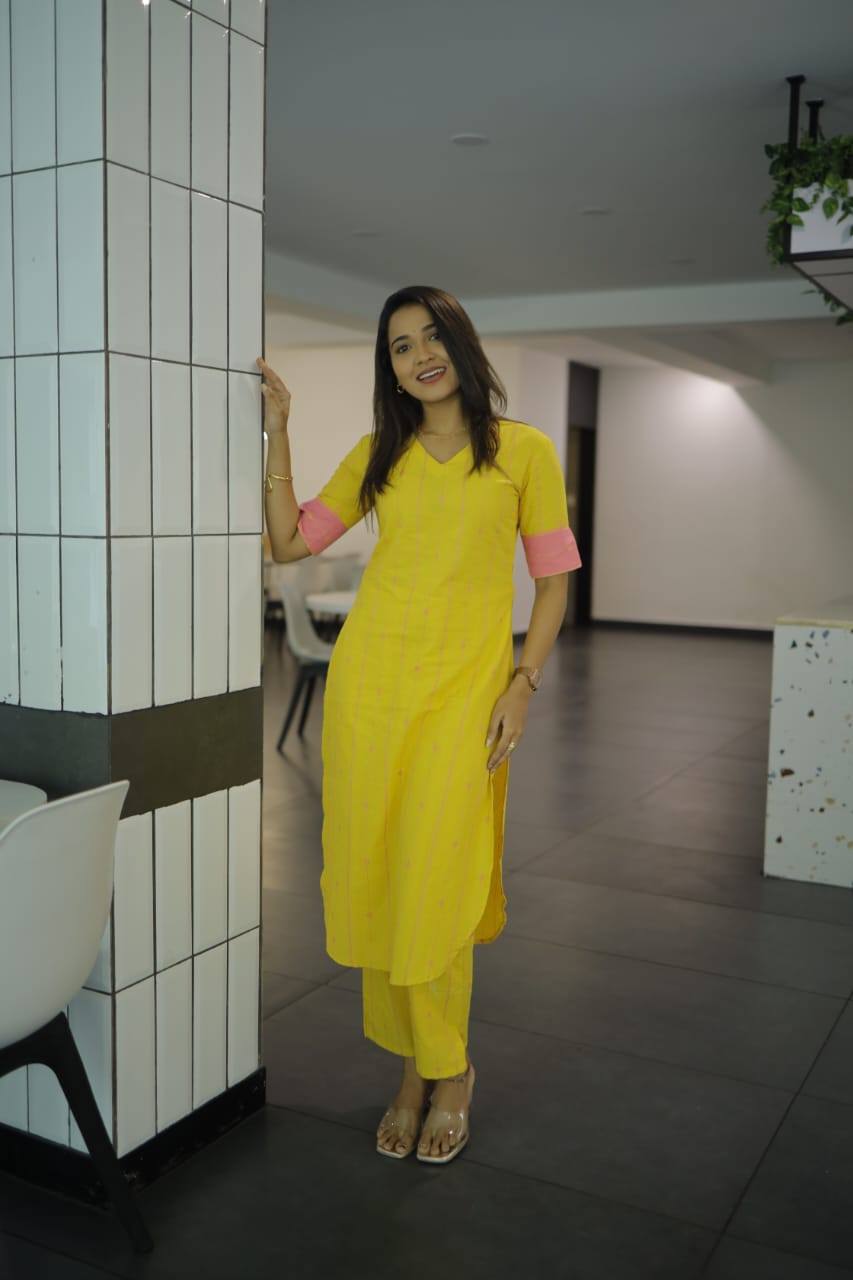 Unnati coord set - Handwoven lines and buttas handloom cotton kurta set in Yellow and pink