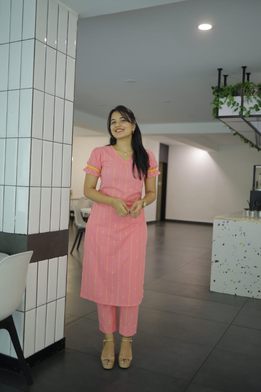 Nairiti coord set - Handwoven lines and buttas in handloom cotton kurta set in pink and yellow