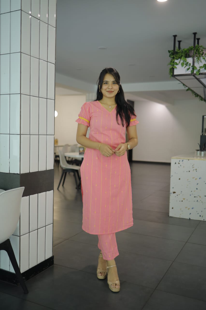 Nairiti coord set - Handwoven lines and buttas in handloom cotton kurta set in pink and yellow