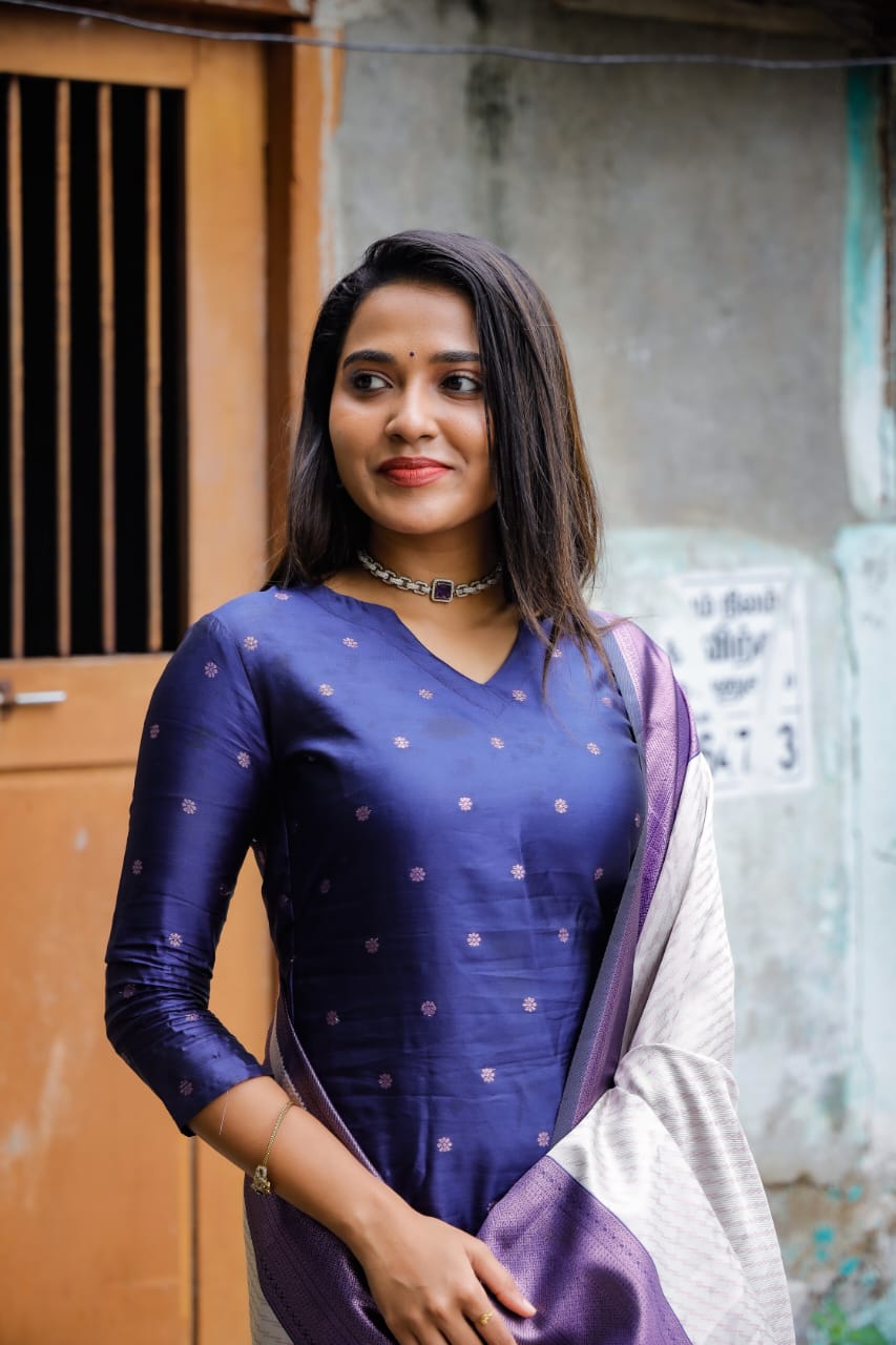 Yuvarani (blue) - Semi Kanchi 3pc vegan silk suit in blue and grey