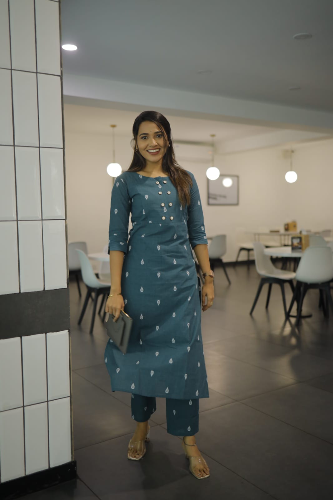 Pari coord set - handloom cotton with handwoven buttas kurta in peacock blue