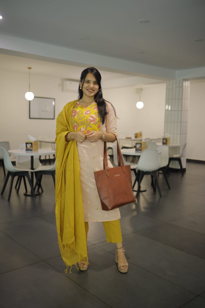 Anahitha - handloom cotton with handwoven buttas suit set in peach and mustard