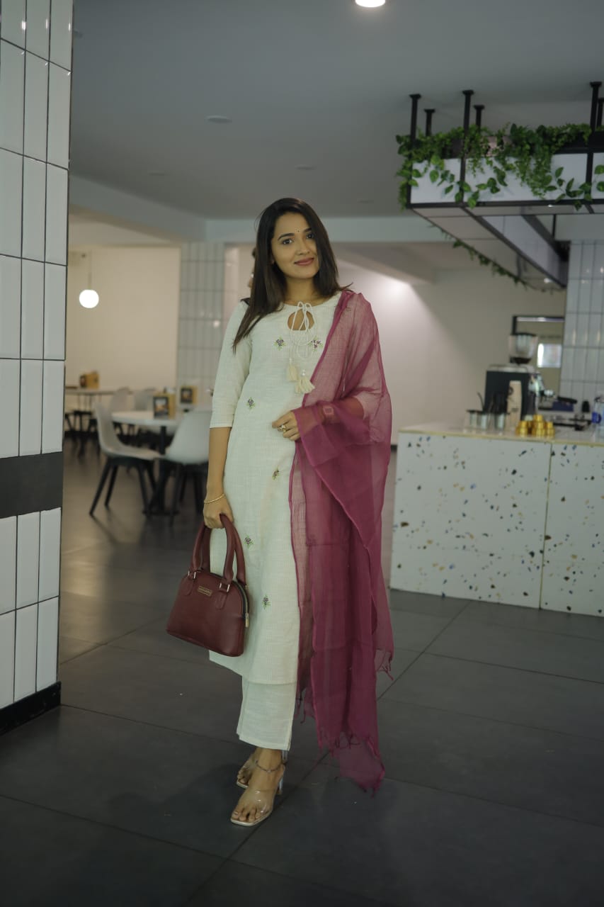 Amara ( wine ) - linen cotton suit set in beige and wine