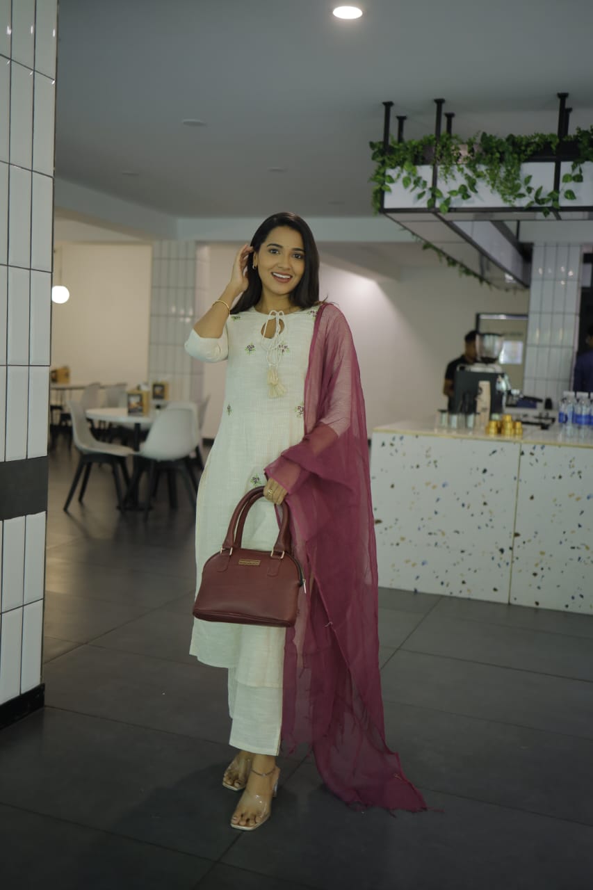 Amara ( wine ) - linen cotton suit set in beige and wine