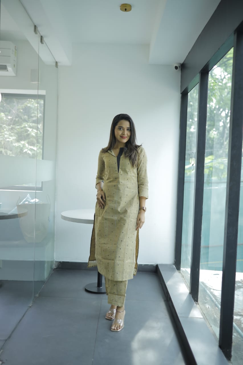 Chahna coord set - Chanderi cotton kurta set with hand embrioded in taupe shade