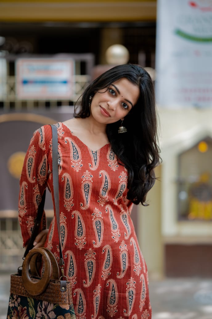 Kurti 84 - Kantha hand block printed cotton kurta with stripes in red and blue