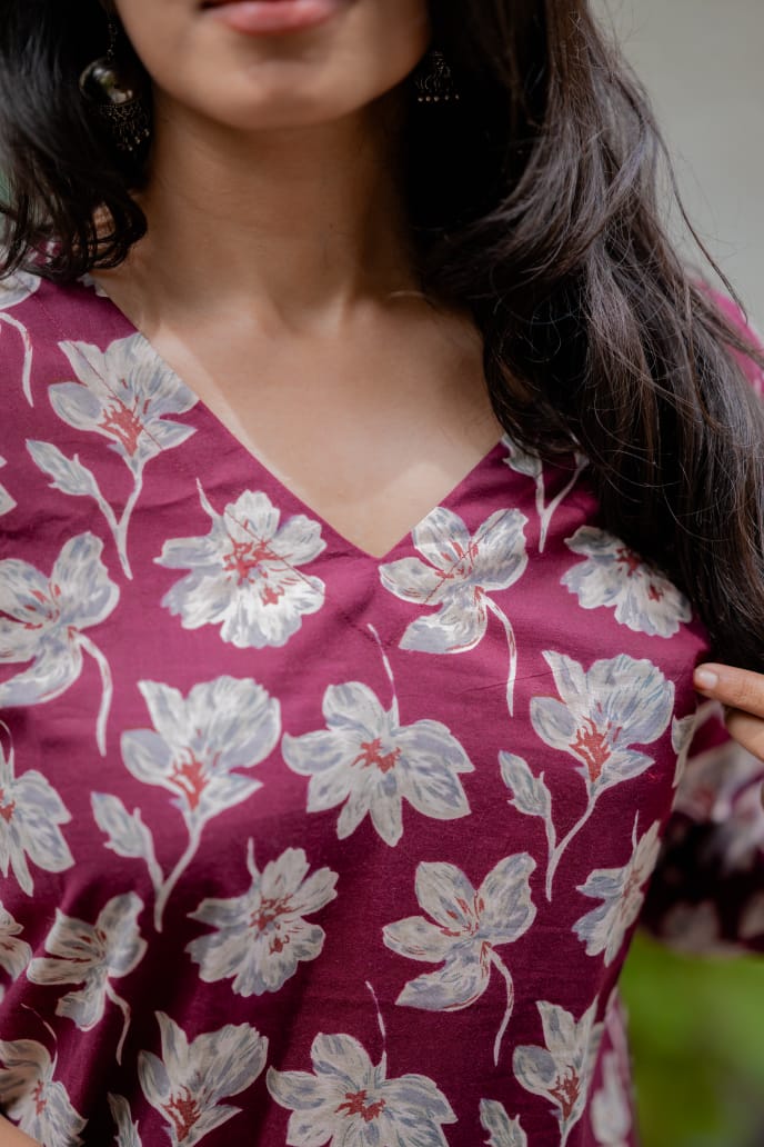 Kurti 85 - Jaal foral hand block printed cotton kurta in magenta and white