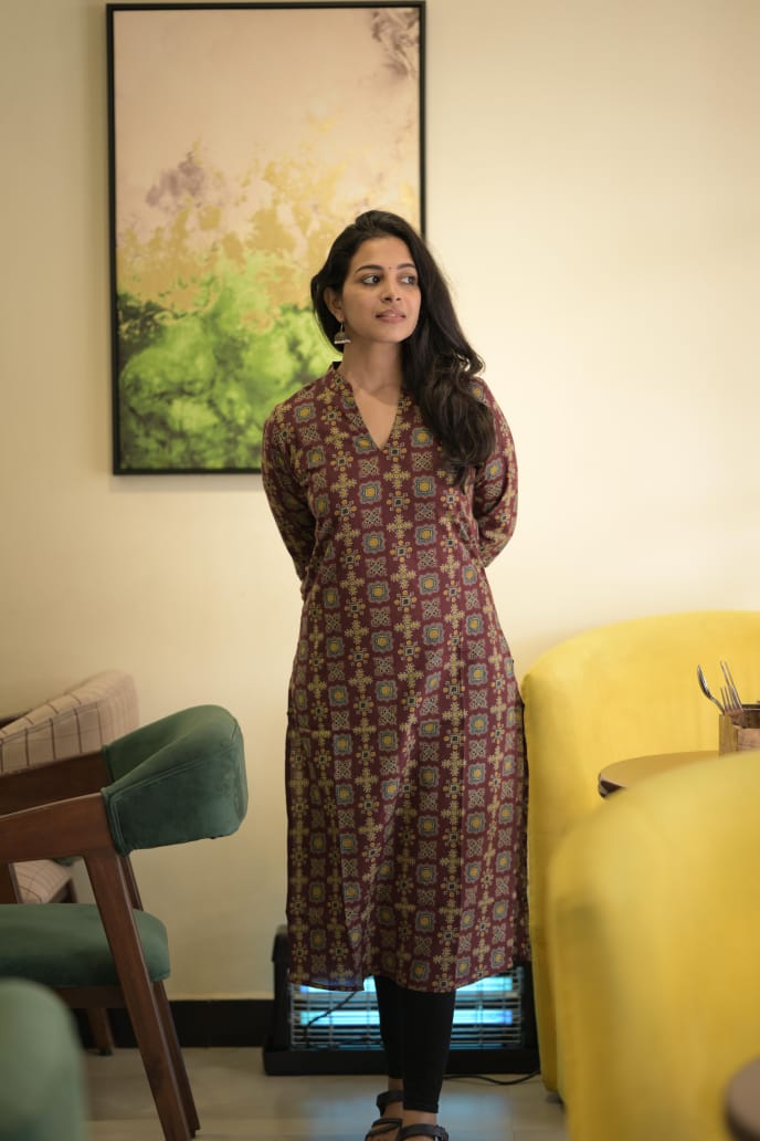 Kurti 88 - Ajrakh hanblock printed organic cotton kurta in wine and yellow