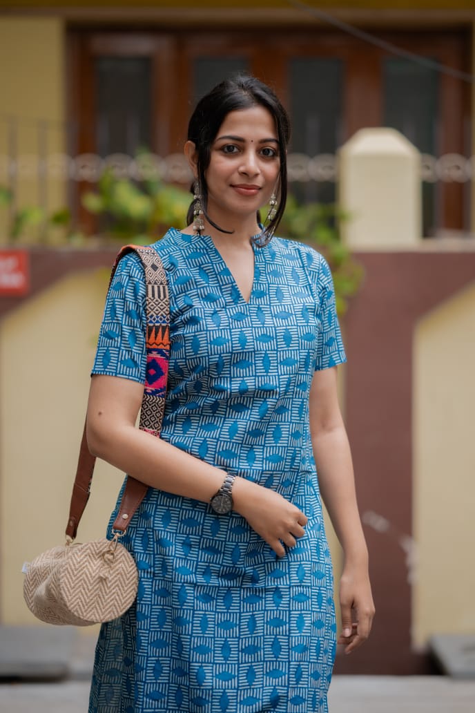 Kurti 81 - abstract hand block printed cotton kurta in blue