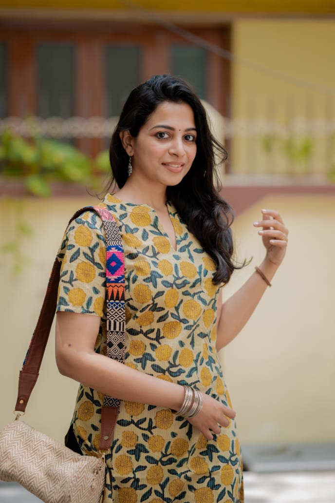 Kurti 83 - Kantha hand block printed cotton kurta in green and yellow