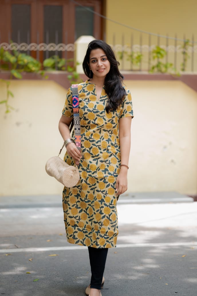 Kurti 83 - Kantha hand block printed cotton kurta in green and yellow